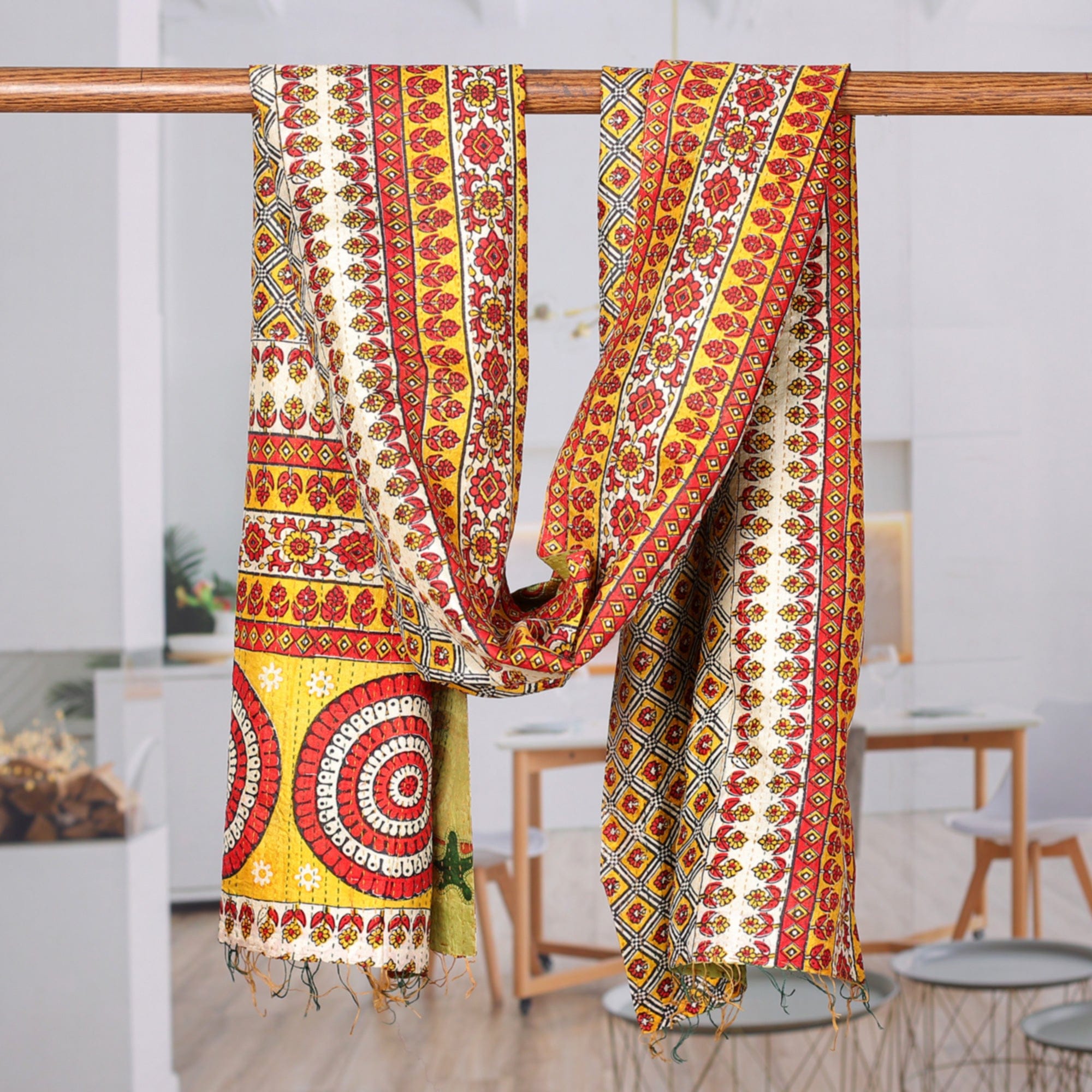 Eco-Friendly Kantha Embroidered Reversible Silk Scarf - Memories from Palace