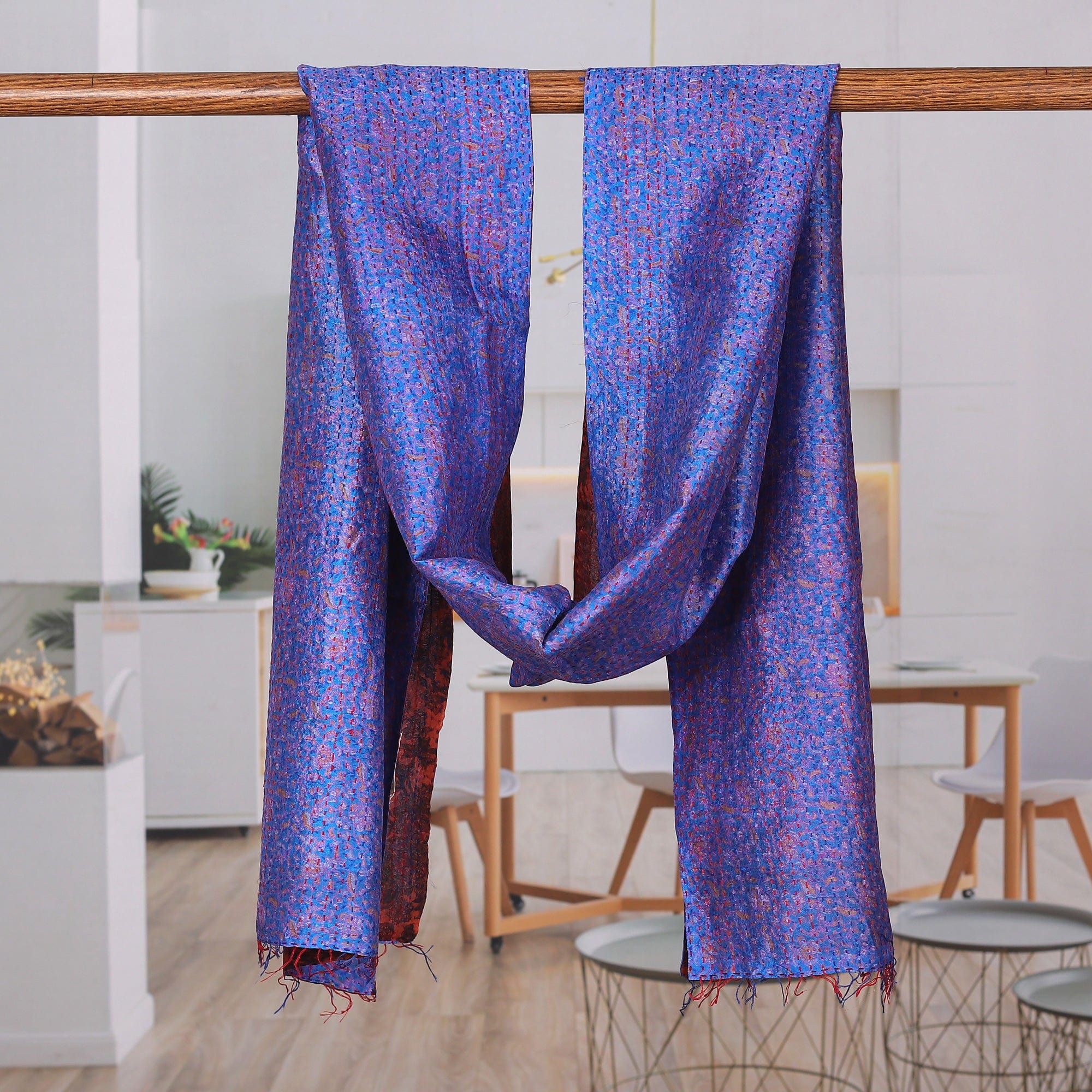 Embroidered Reversible Silk Scarf in Blue and Burnt Sienna - Royal Maiden