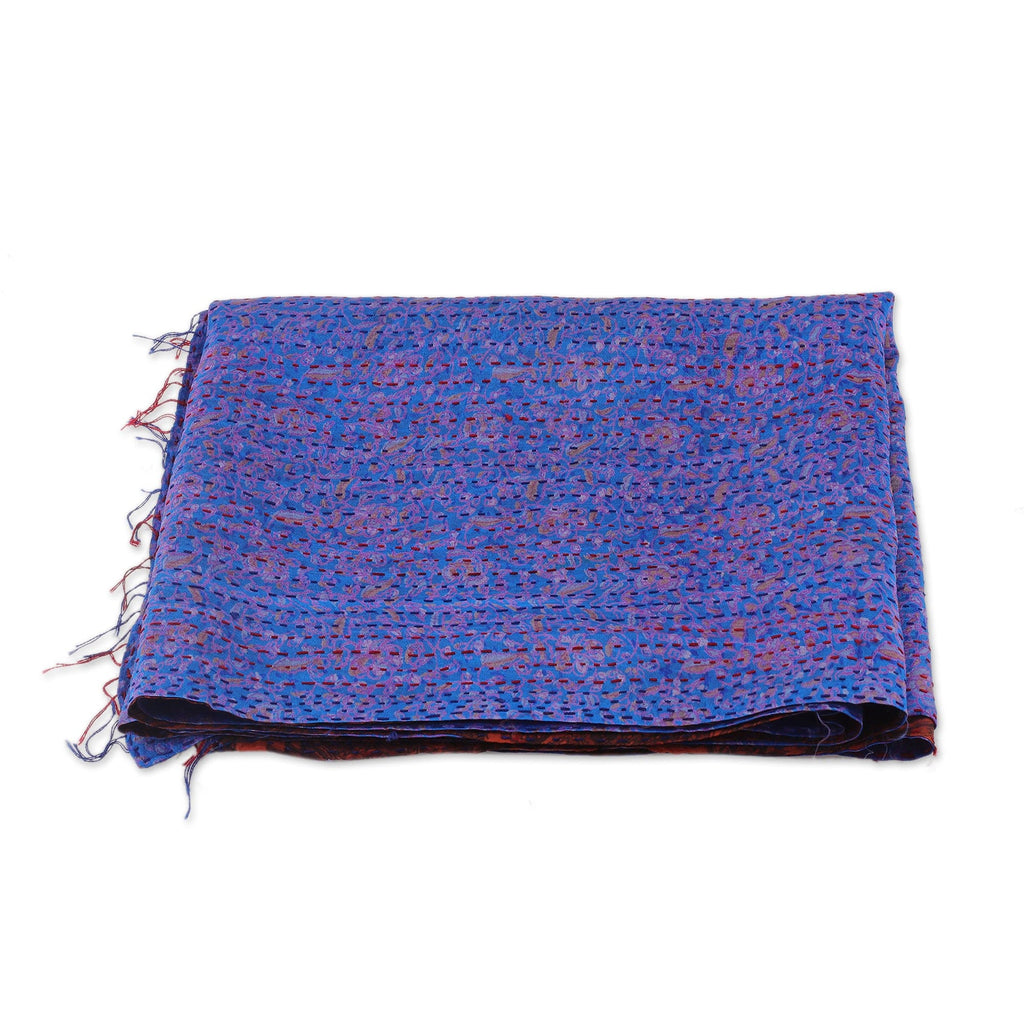Embroidered Reversible Silk Scarf in Blue and Burnt Sienna - Royal Maiden