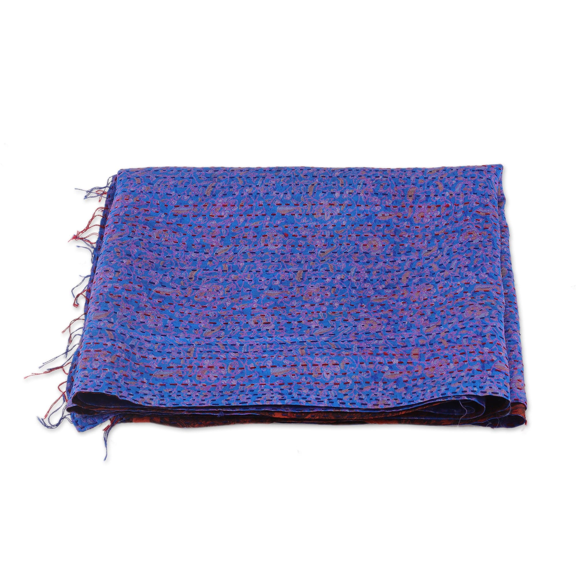 Embroidered Reversible Silk Scarf in Blue and Burnt Sienna - Royal Maiden