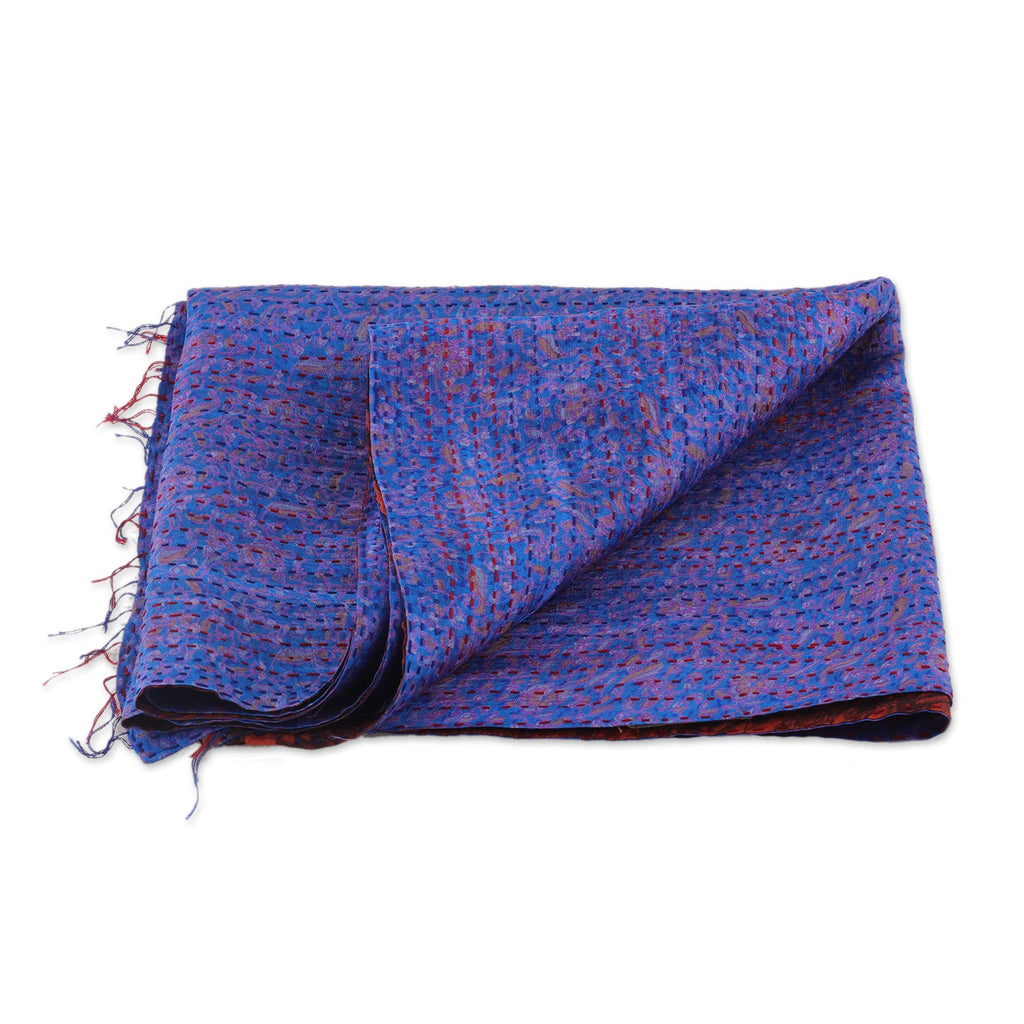 Embroidered Reversible Silk Scarf in Blue and Burnt Sienna - Royal Maiden