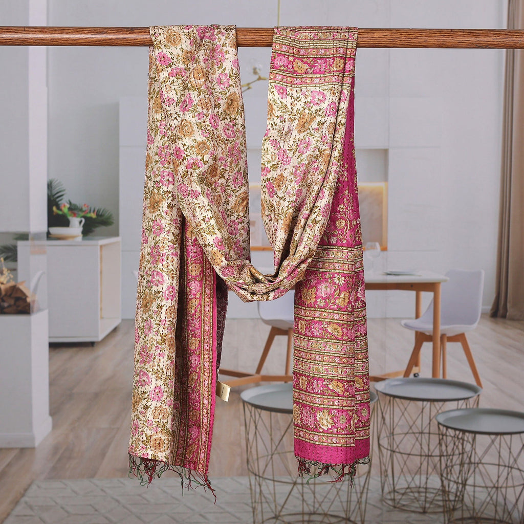 Floral Reversible Silk Scarf in Raisin and Magenta Hues - Symphony of Roses