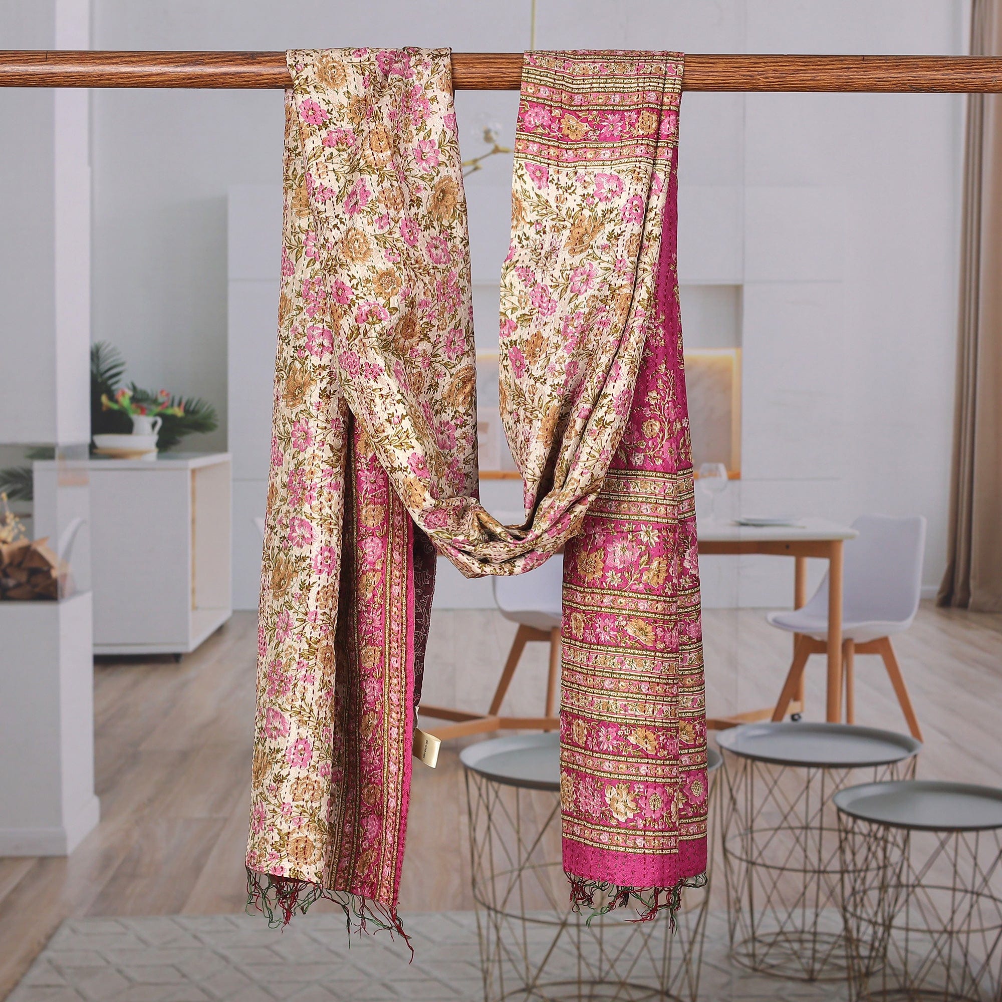 Floral Reversible Silk Scarf in Raisin and Magenta Hues - Symphony of Roses