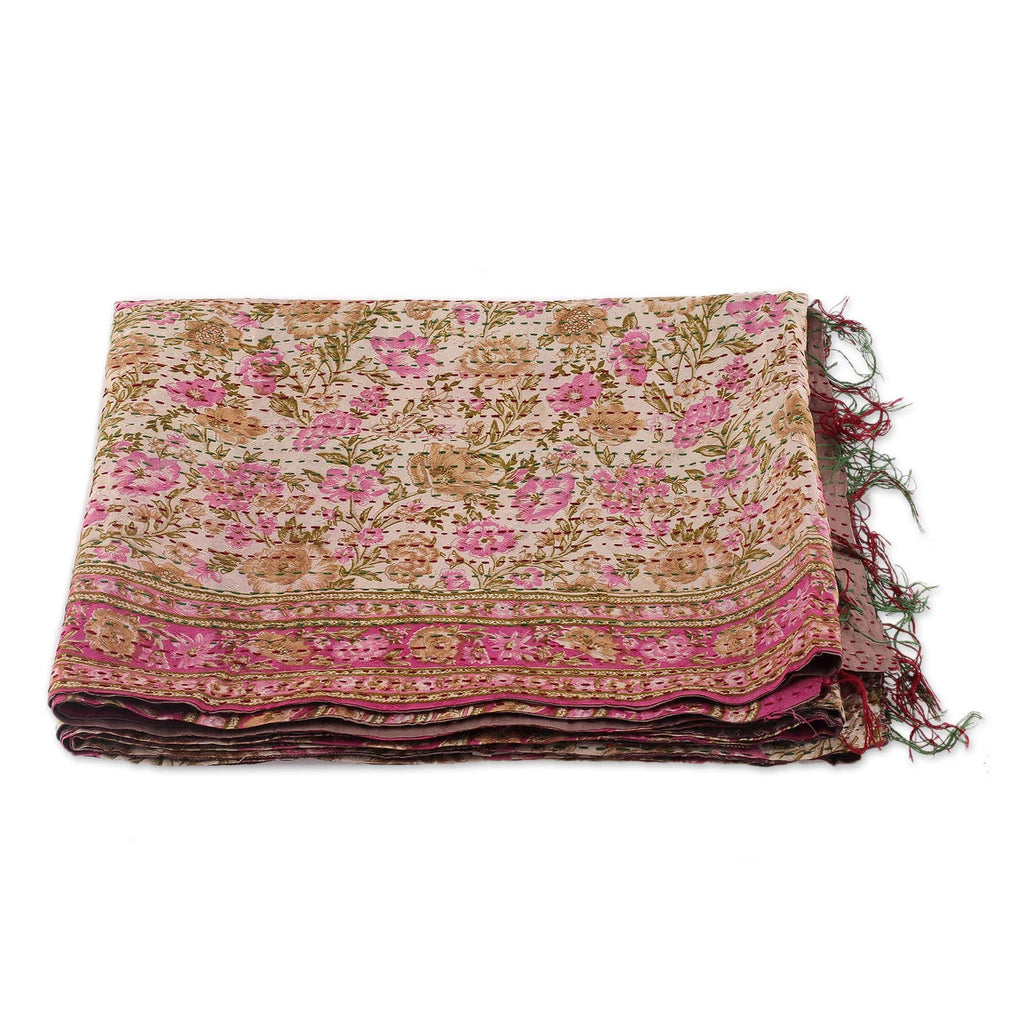 Floral Reversible Silk Scarf in Raisin and Magenta Hues - Symphony of Roses