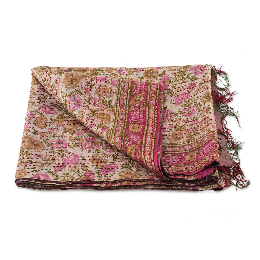Floral Reversible Silk Scarf in Raisin and Magenta Hues - Symphony of Roses