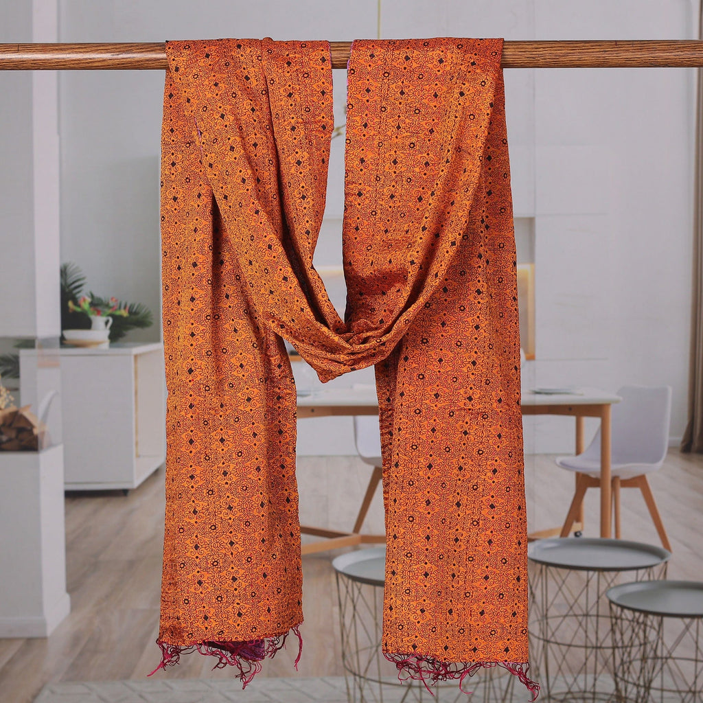 Embroidered Reversible Silk Scarf in Orange and Pink - Intense Sides