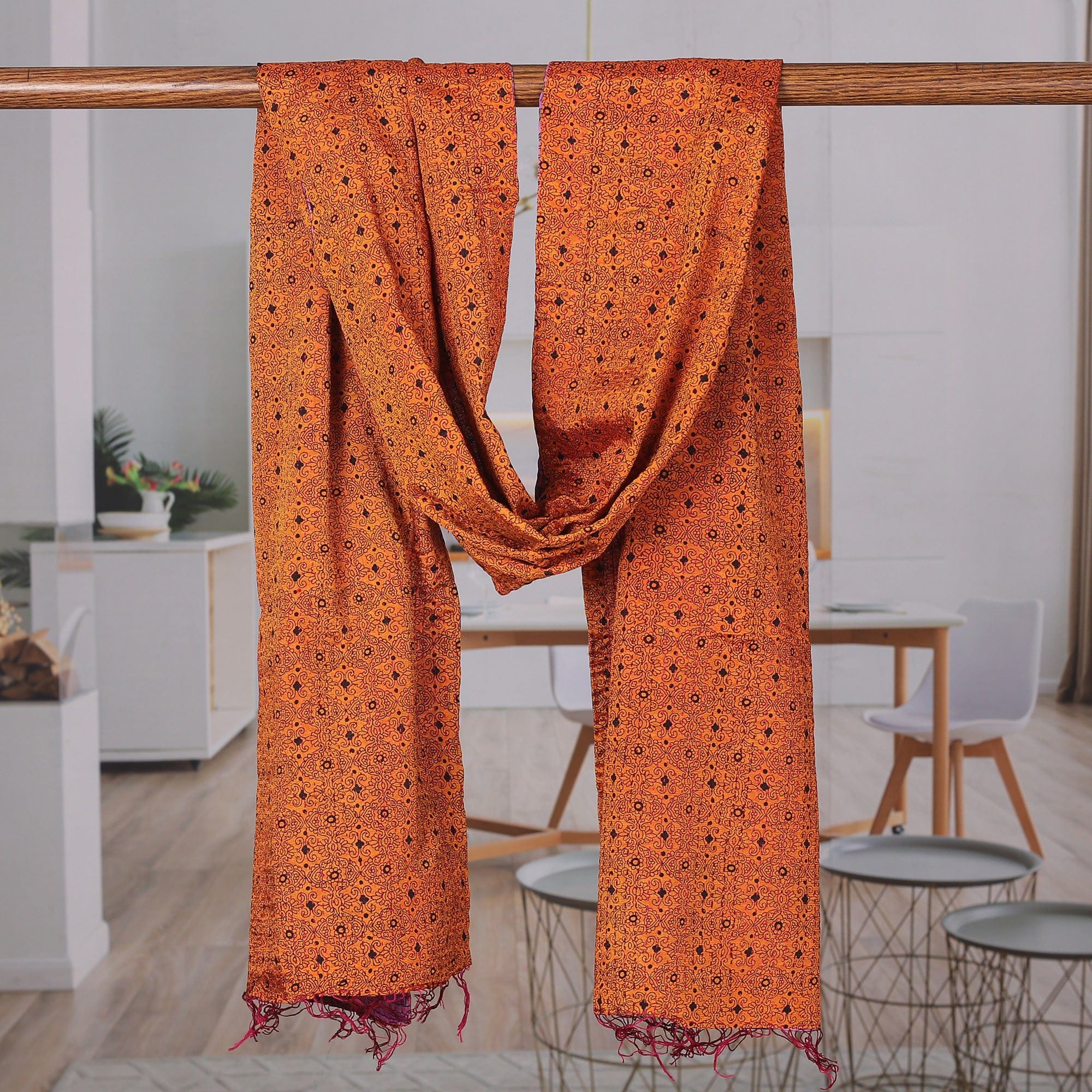 Embroidered Reversible Silk Scarf in Orange and Pink - Intense Sides