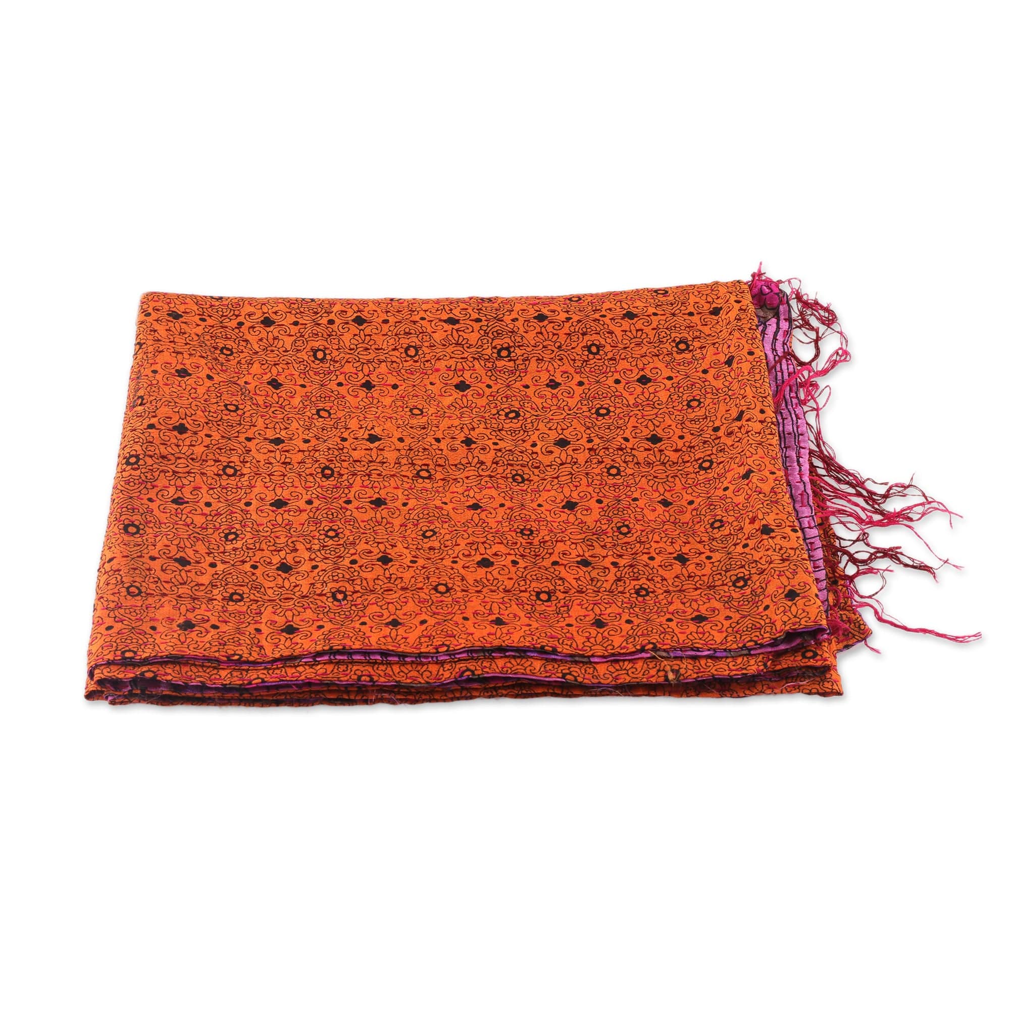 Embroidered Reversible Silk Scarf in Orange and Pink - Intense Sides