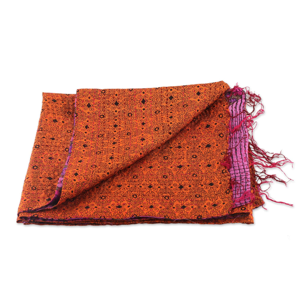 Embroidered Reversible Silk Scarf in Orange and Pink - Intense Sides