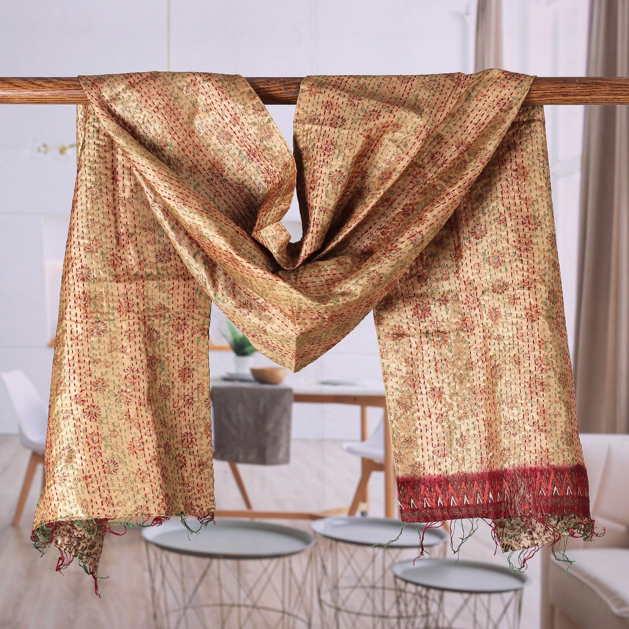 Embroidered Reversible Silk Scarf in Golden and Ivory Hues - Tales of Glory