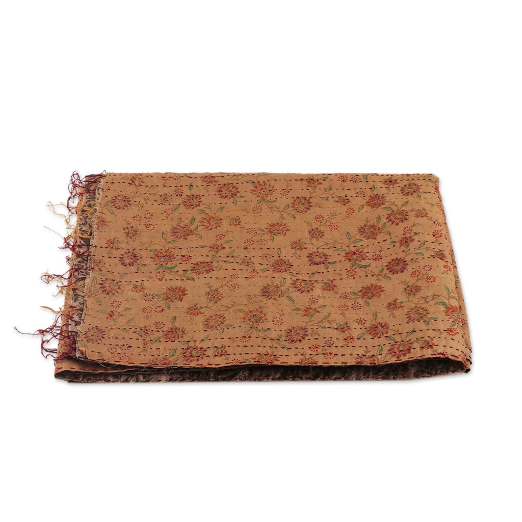 Embroidered Reversible Silk Scarf in Golden and Ivory Hues - Tales of Glory