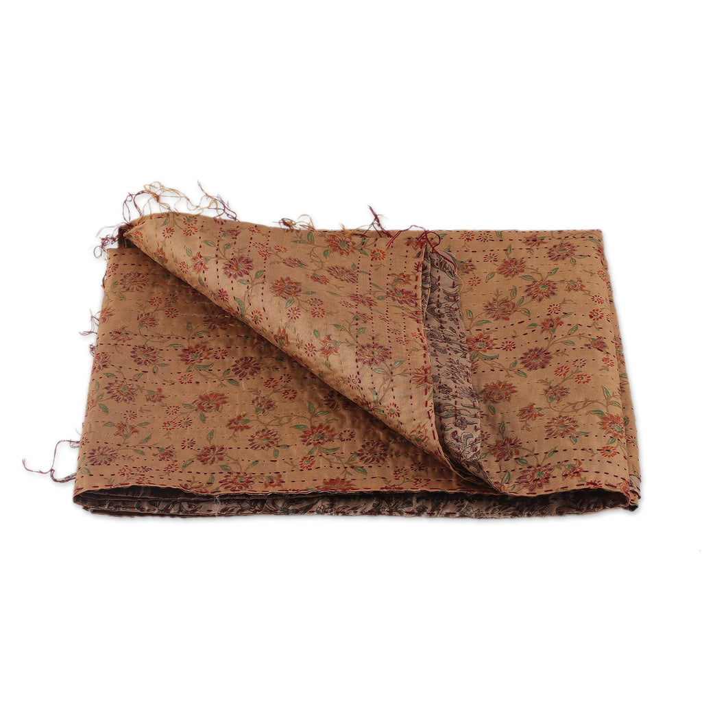 Embroidered Reversible Silk Scarf in Golden and Ivory Hues - Tales of Glory