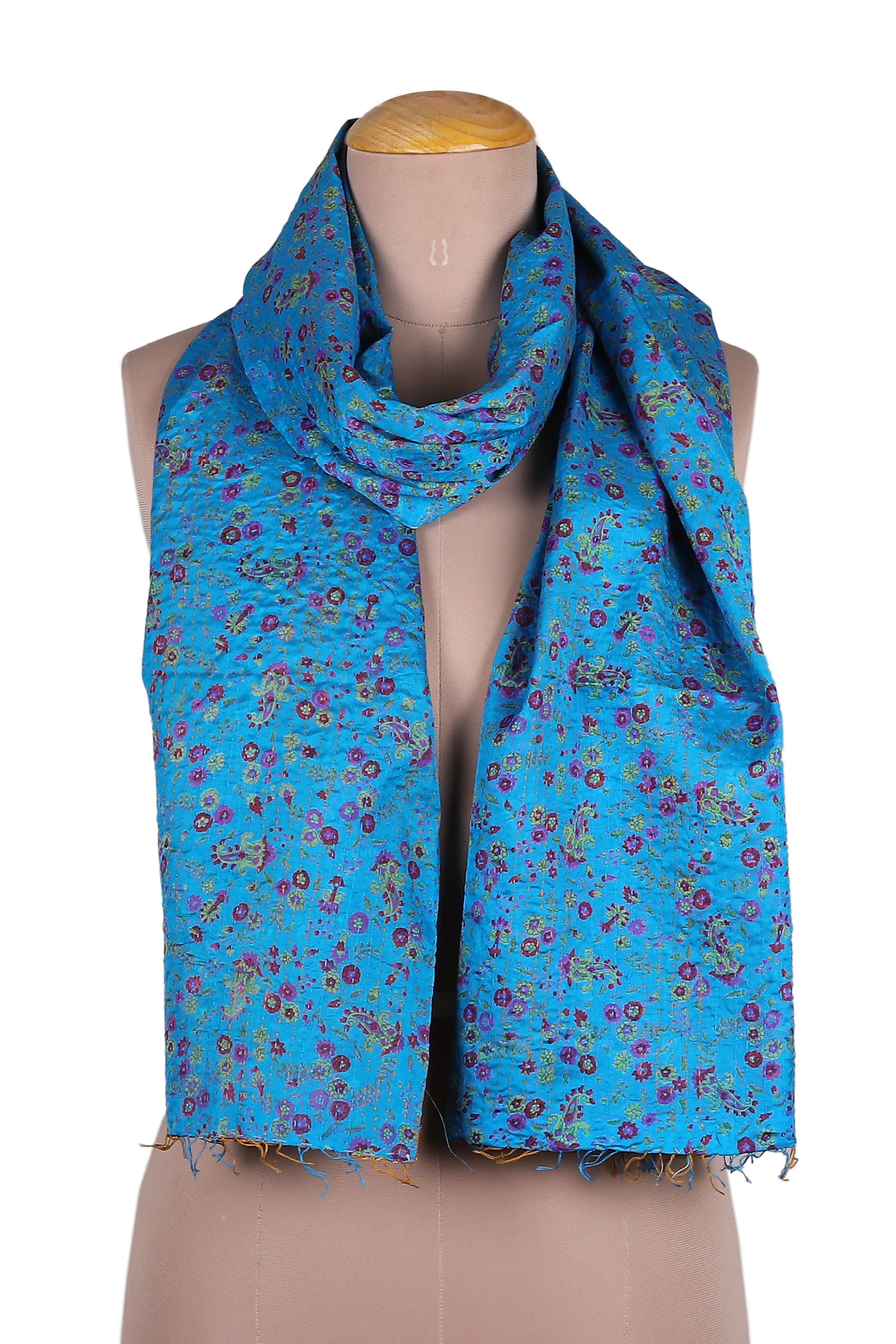 Embroidered Reversible Silk Scarf in Blue and Caramel Hues - Marine Magnificence