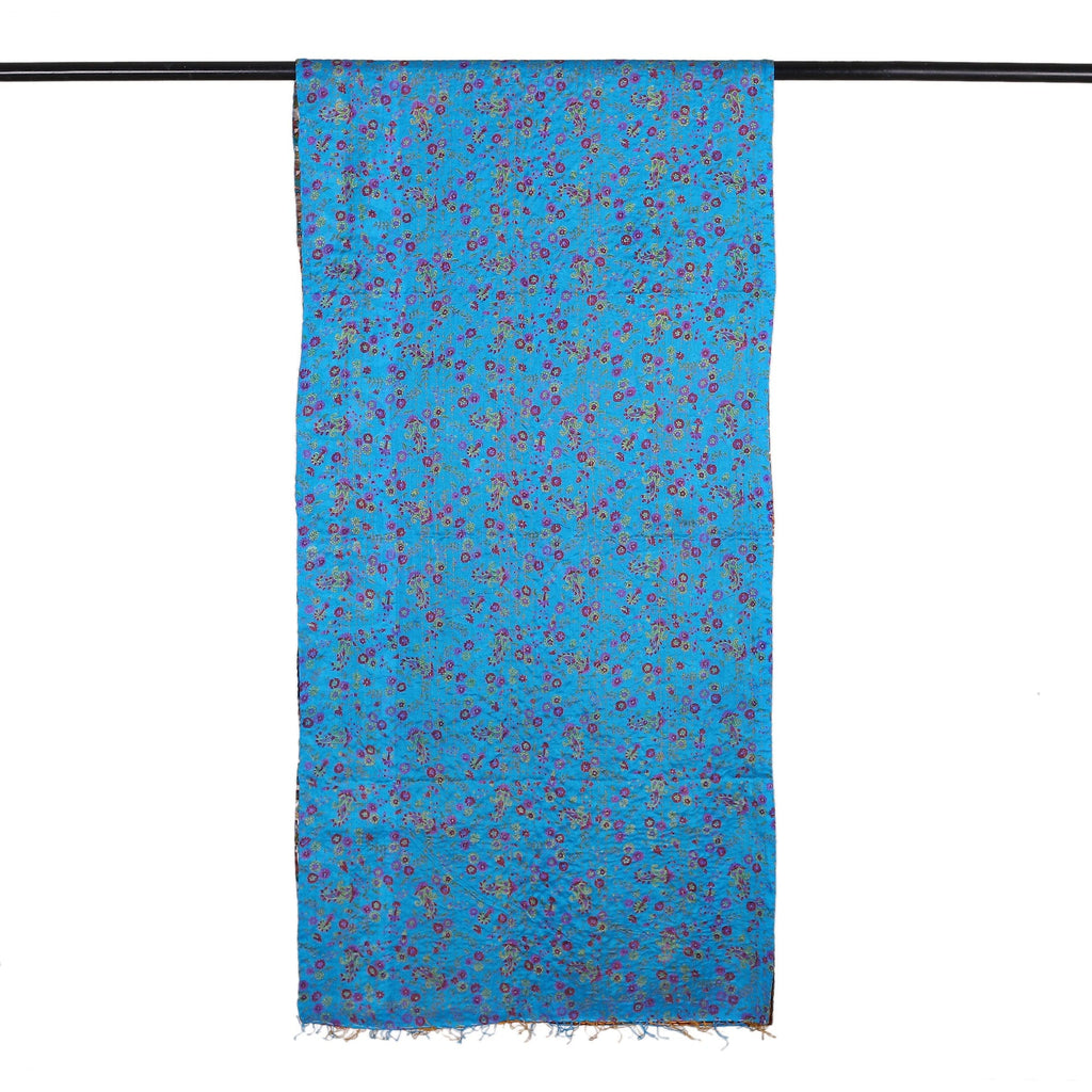 Embroidered Reversible Silk Scarf in Blue and Caramel Hues - Marine Magnificence