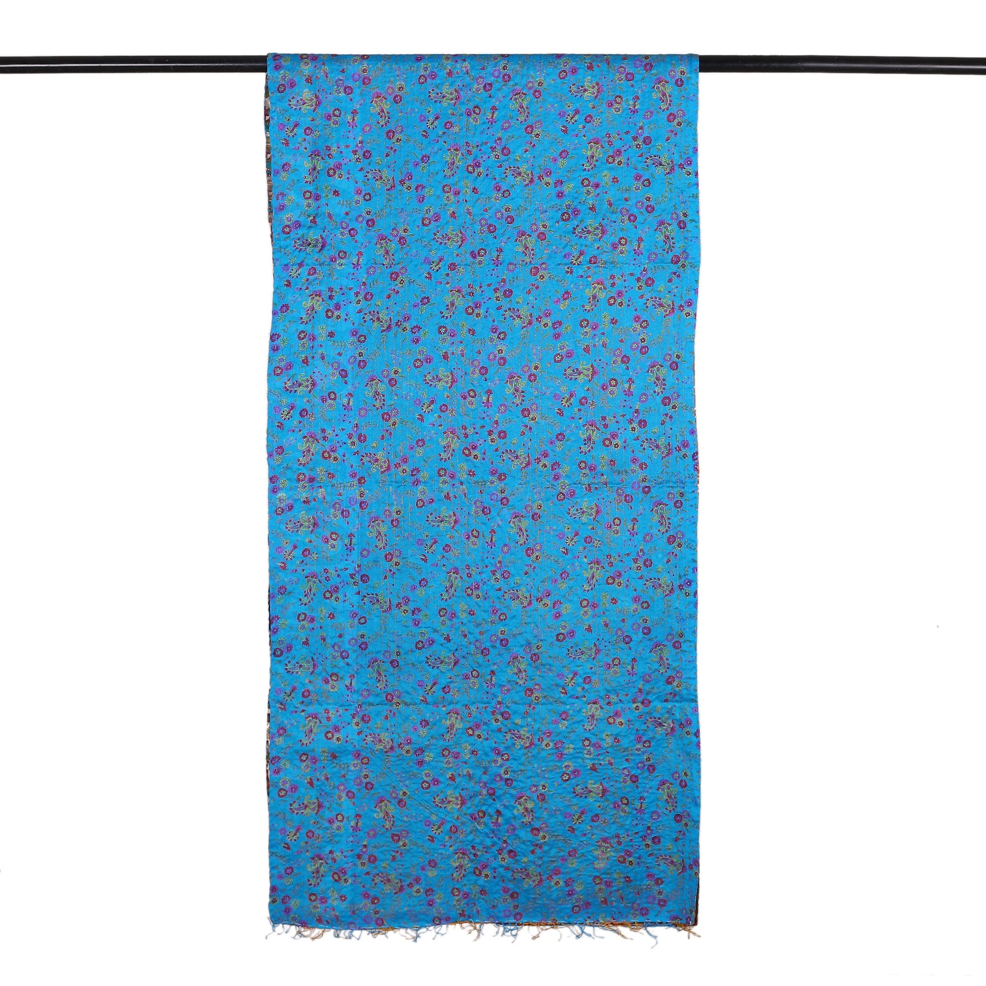 Embroidered Reversible Silk Scarf in Blue and Caramel Hues - Marine Magnificence