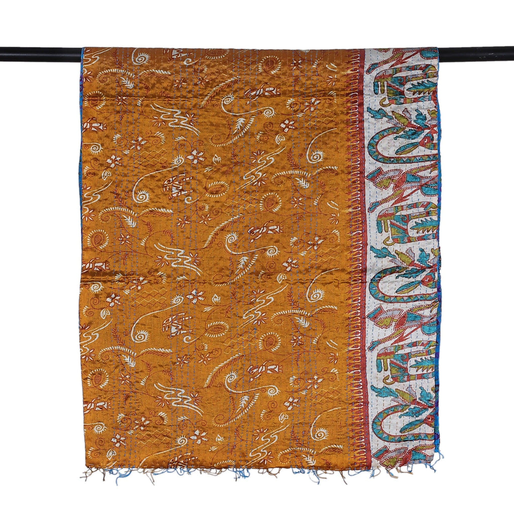 Embroidered Reversible Silk Scarf in Blue and Caramel Hues - Marine Magnificence