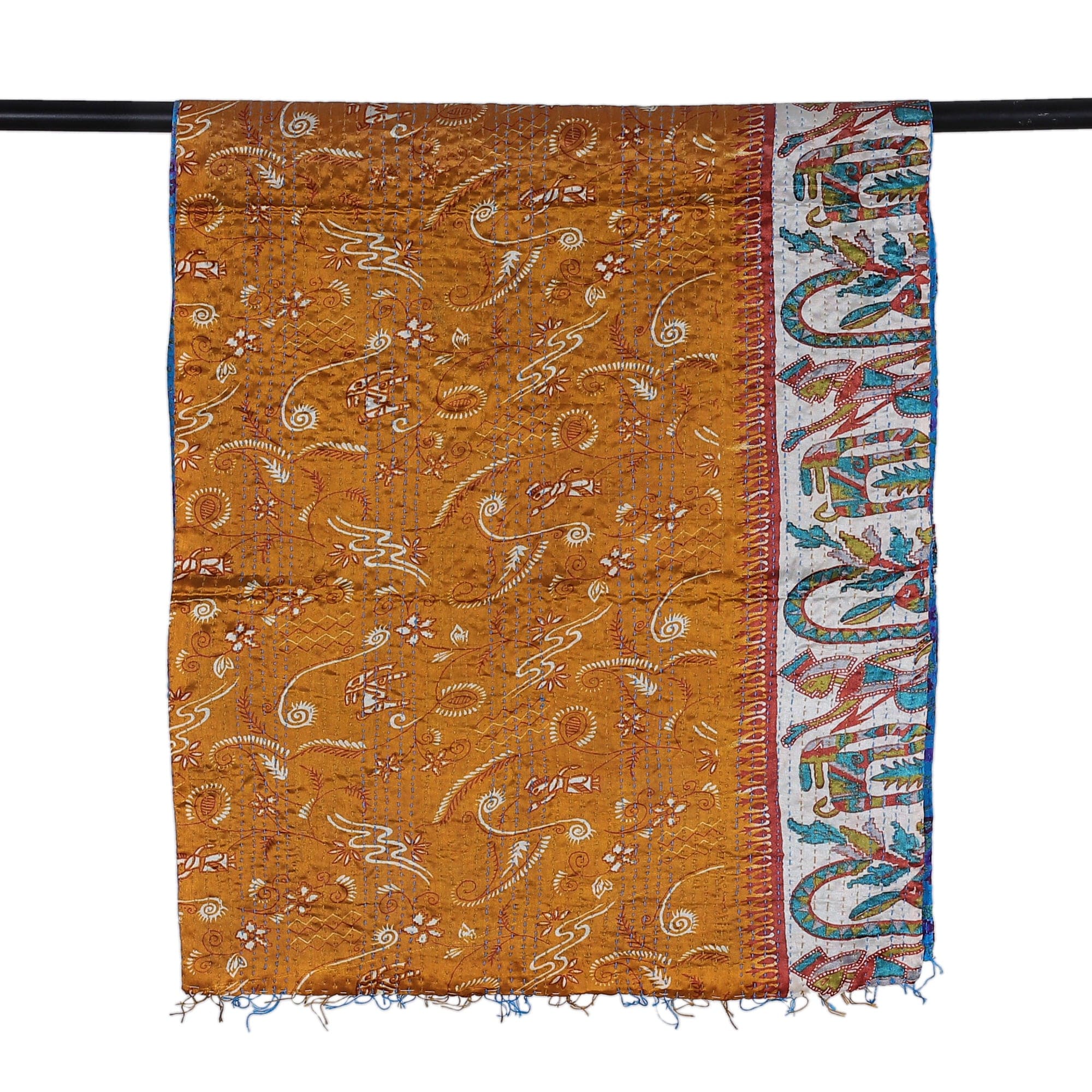 Embroidered Reversible Silk Scarf in Blue and Caramel Hues - Marine Magnificence