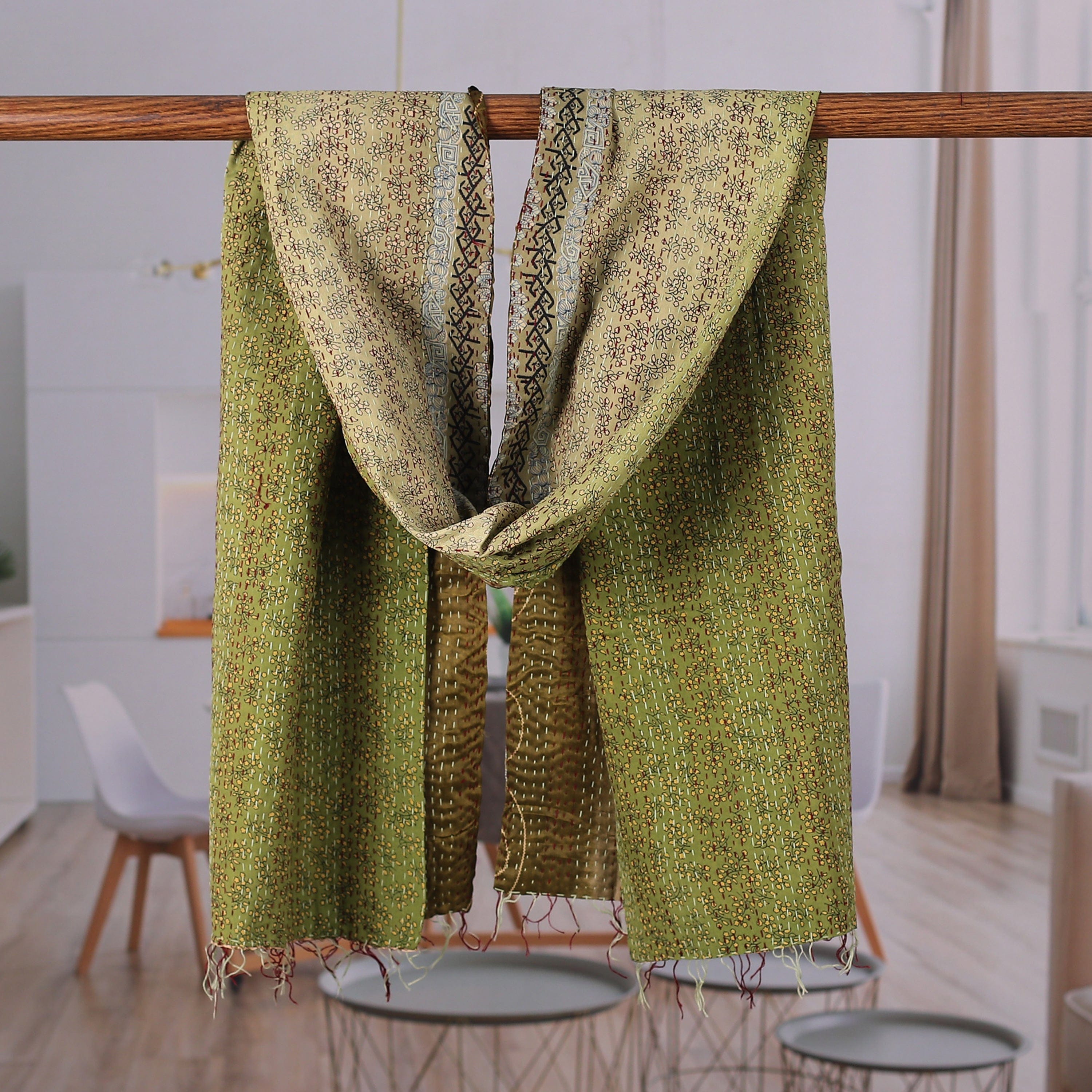 Embroidered Reversible Silk Scarf in Green and Beige - Spring Peace