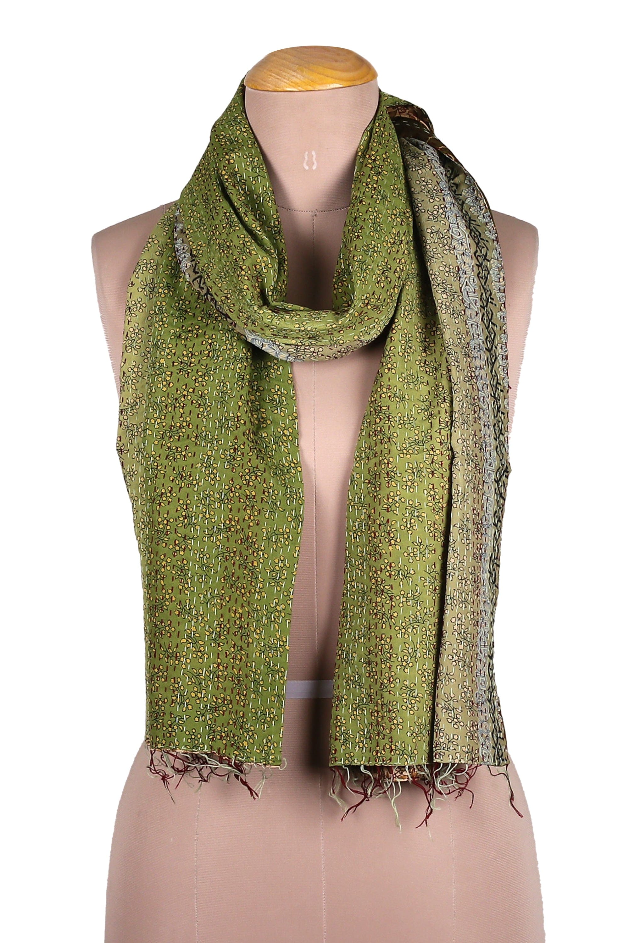 Embroidered Reversible Silk Scarf in Green and Beige - Spring Peace