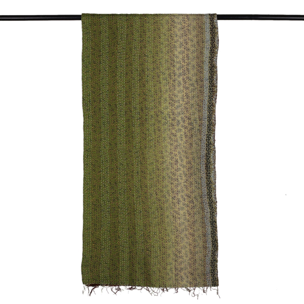 Embroidered Reversible Silk Scarf in Green and Beige - Spring Peace