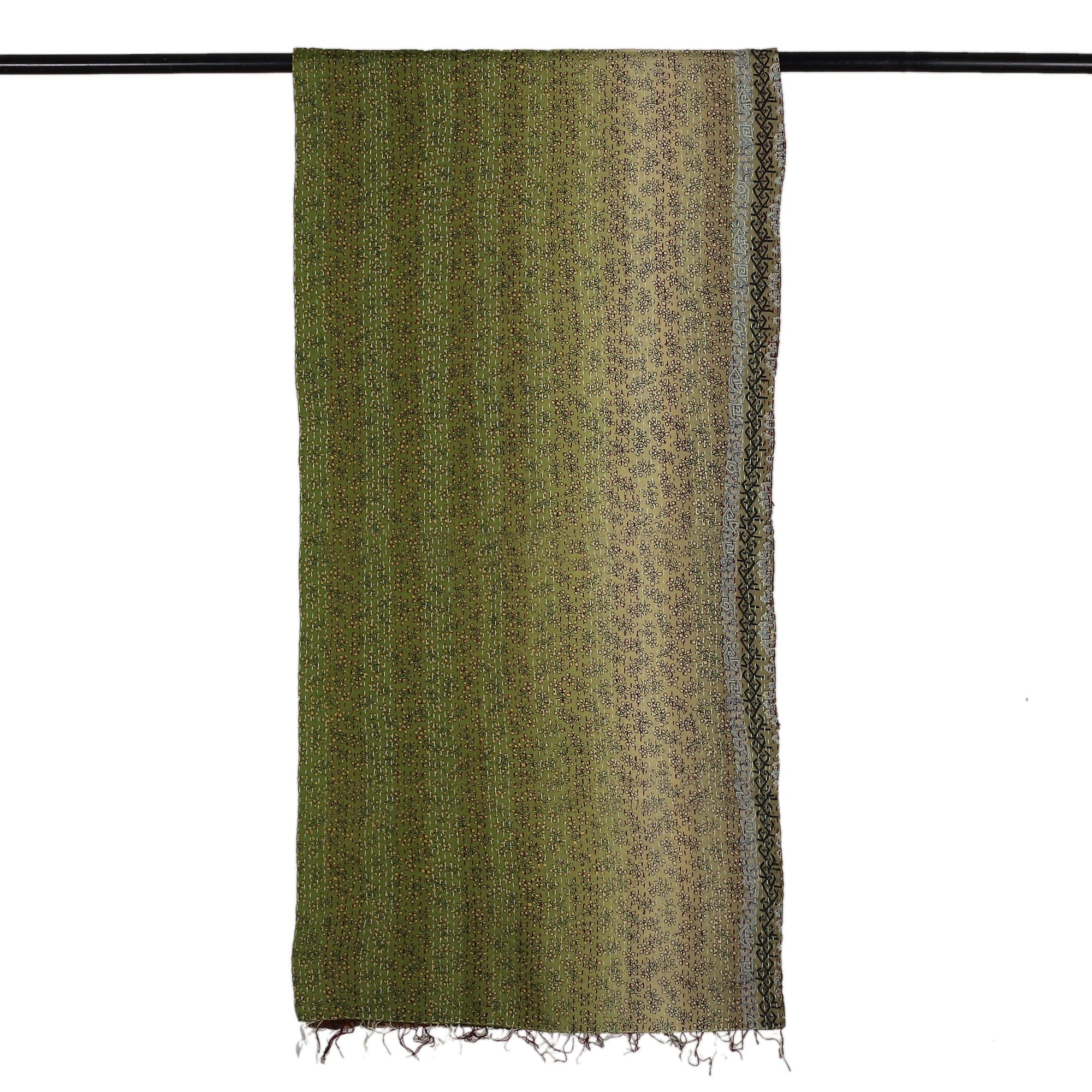 Embroidered Reversible Silk Scarf in Green and Beige - Spring Peace