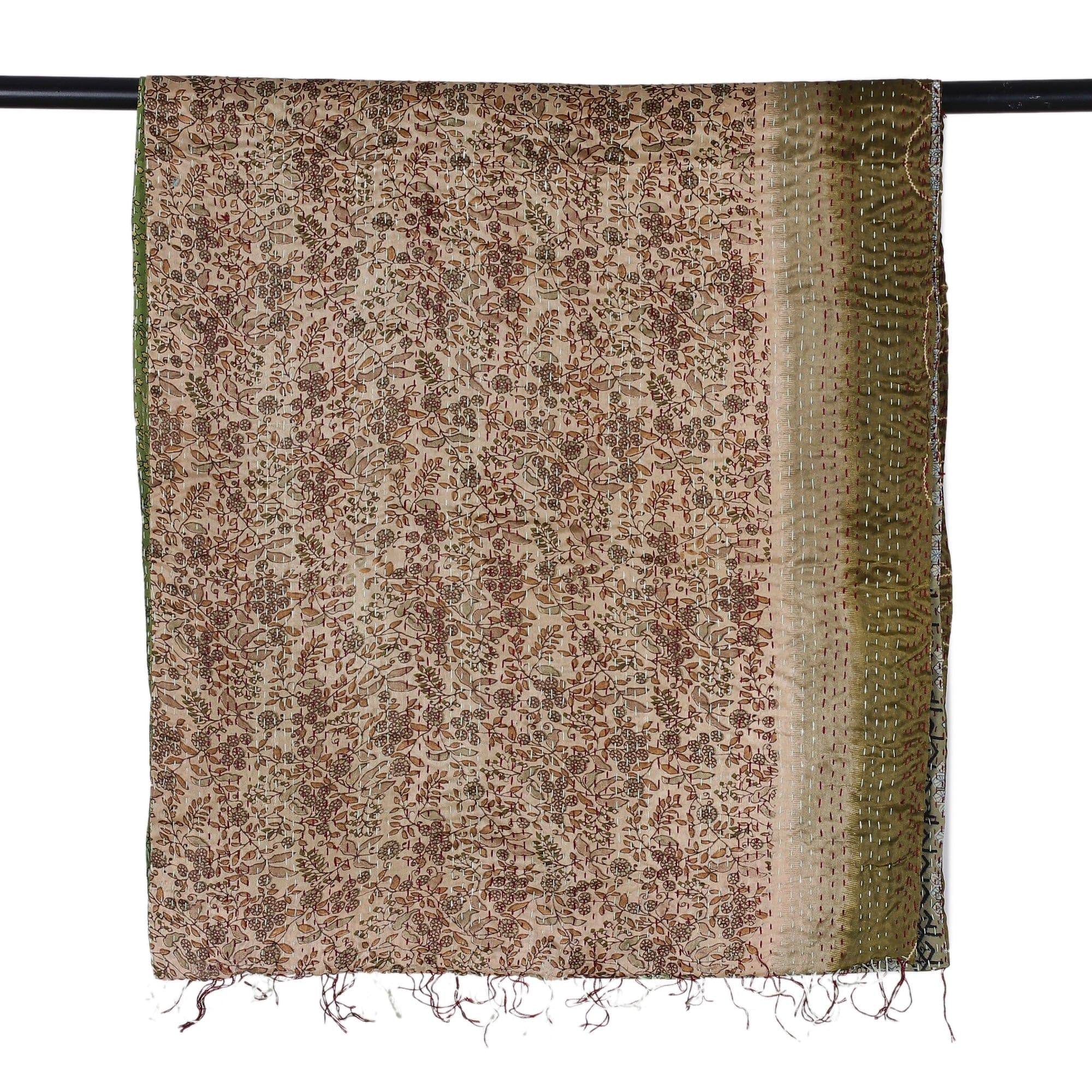 Embroidered Reversible Silk Scarf in Green and Beige - Spring Peace