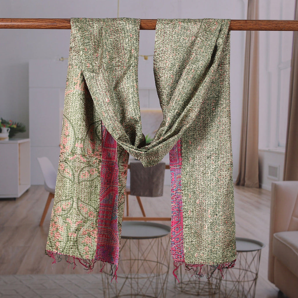 Embroidered Reversible Silk Scarf in Green and Pink - Primaveral Mornings