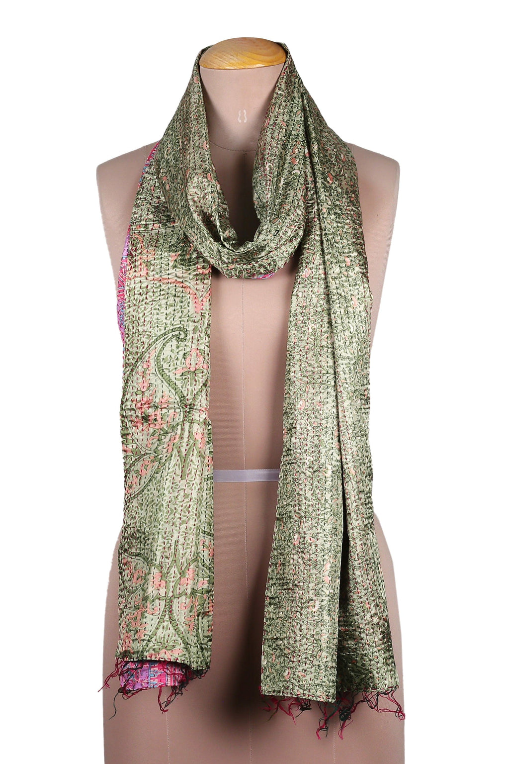 Embroidered Reversible Silk Scarf in Green and Pink - Primaveral Mornings