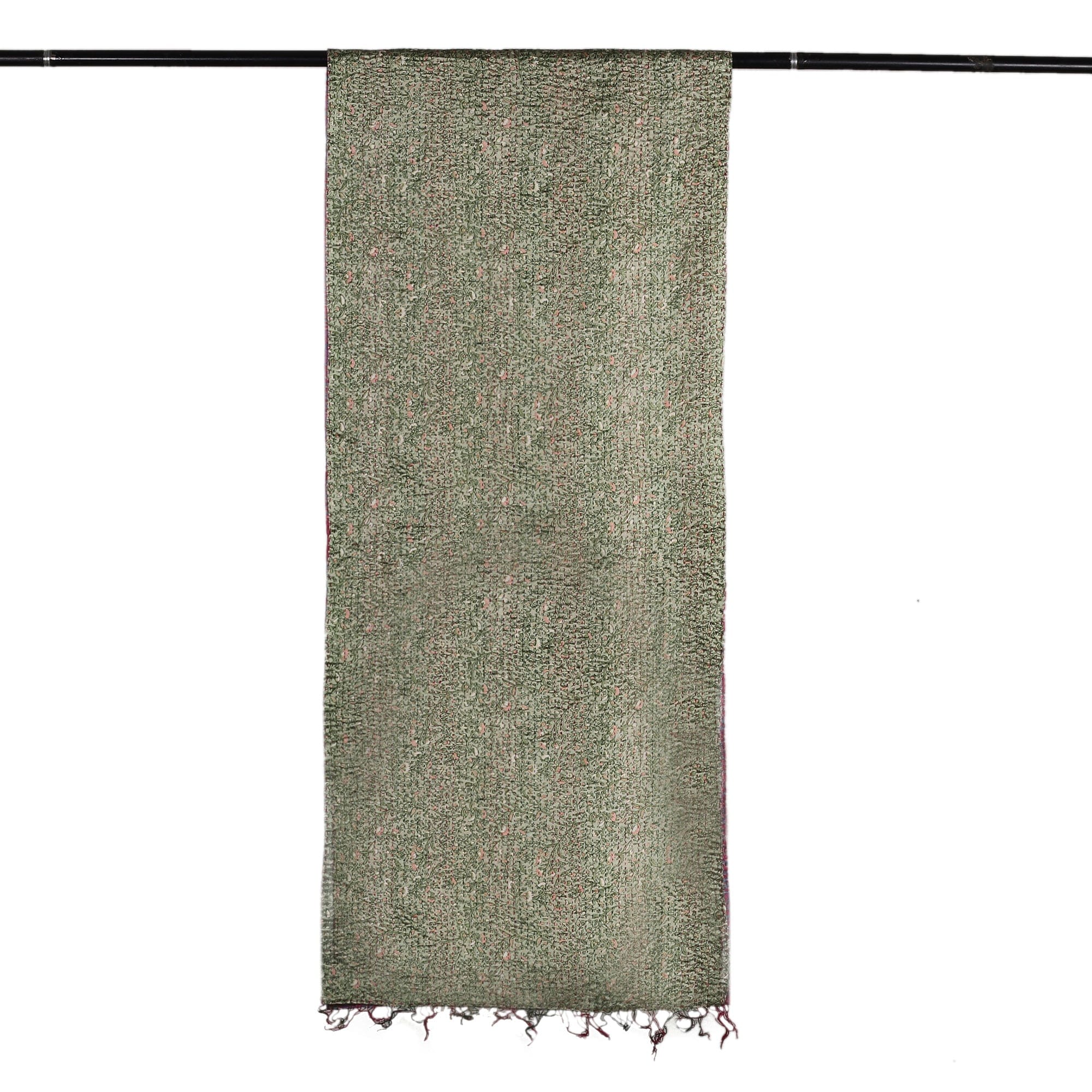 Embroidered Reversible Silk Scarf in Green and Pink - Primaveral Mornings