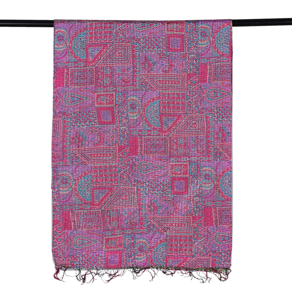 Embroidered Reversible Silk Scarf in Green and Pink - Primaveral Mornings