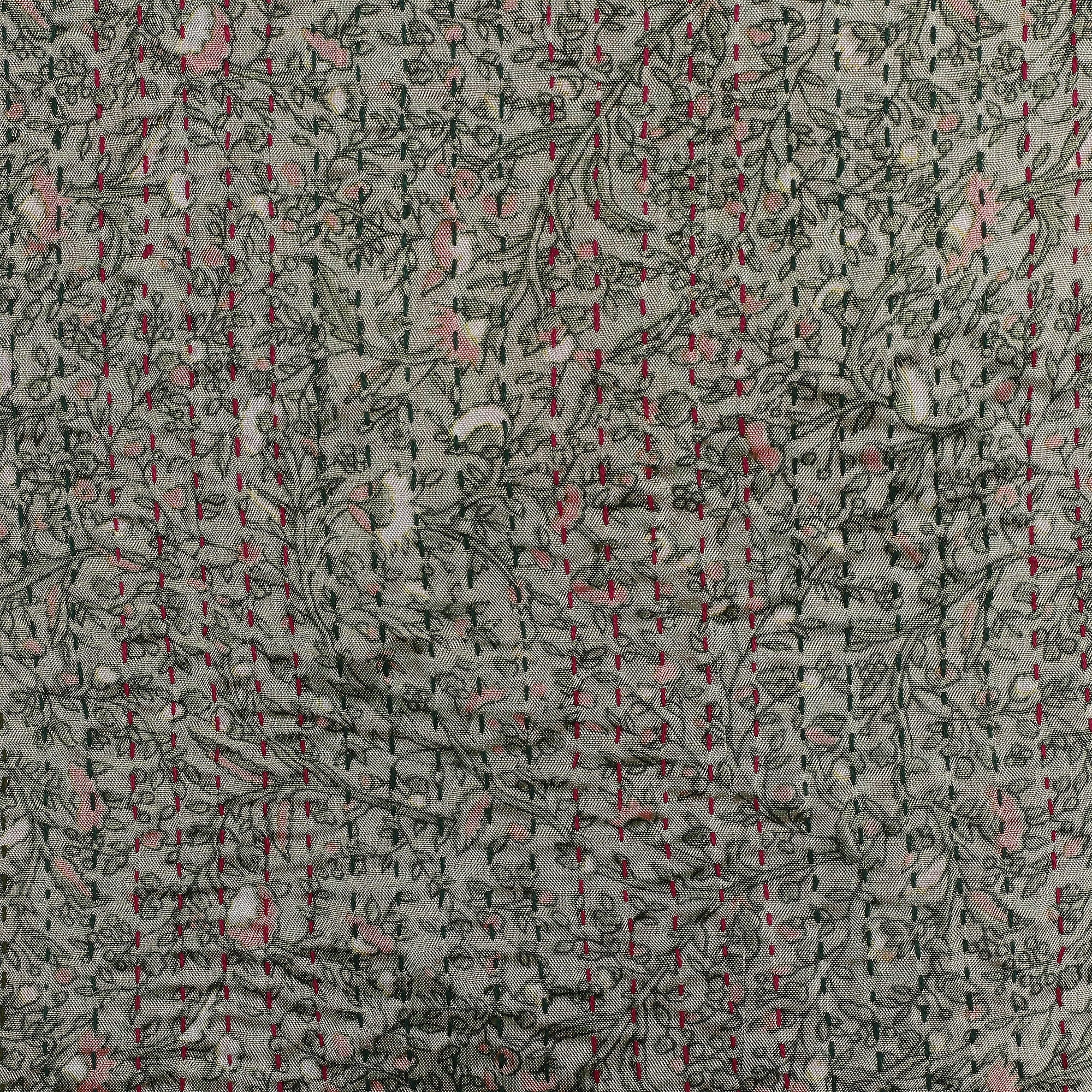 Embroidered Reversible Silk Scarf in Green and Pink - Primaveral Mornings