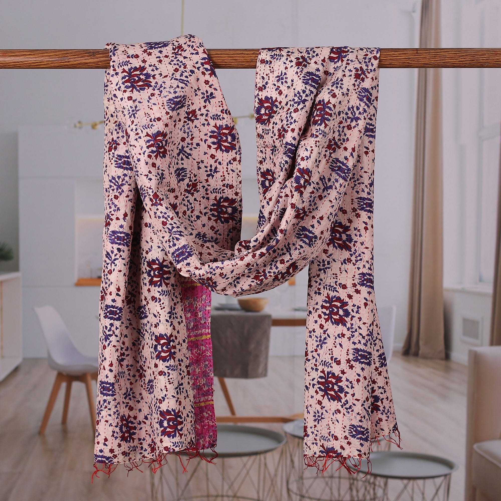 Cotton Kantha Embroidered Floral Reversible Silk Scarf - Enchanted Essence