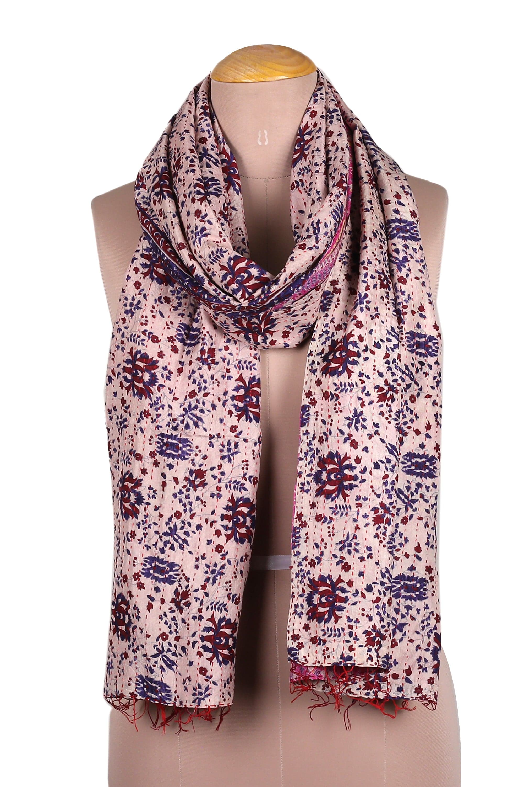 Cotton Kantha Embroidered Floral Reversible Silk Scarf - Enchanted Essence