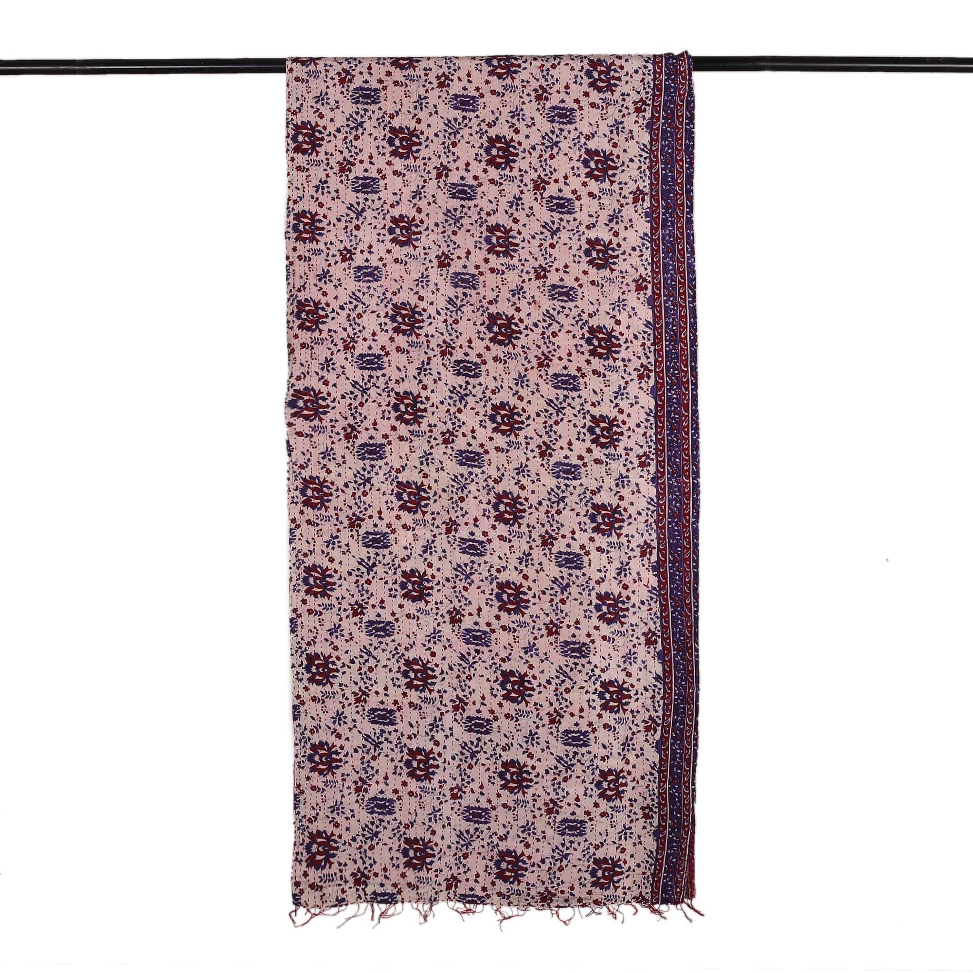 Cotton Kantha Embroidered Floral Reversible Silk Scarf - Enchanted Essence