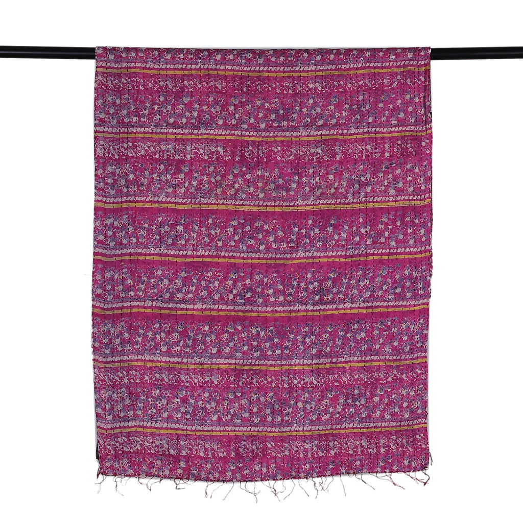 Cotton Kantha Embroidered Floral Reversible Silk Scarf - Enchanted Essence