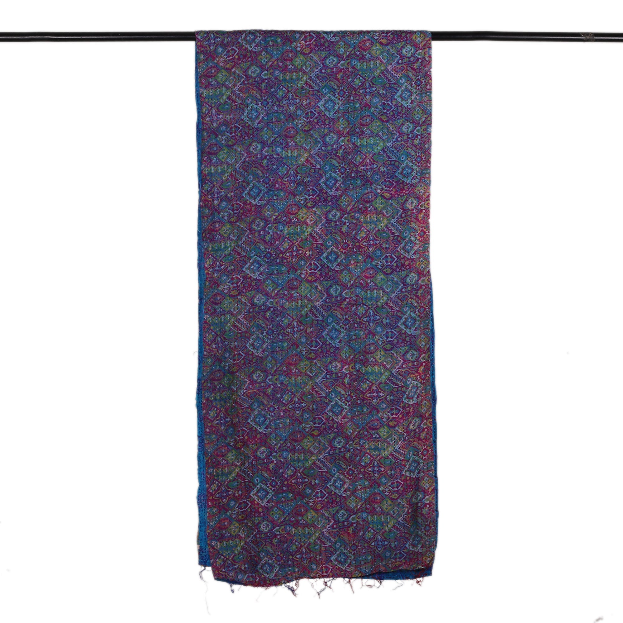 Kantha Embroidered Reversible Silk Scarf in Purple and Blue - Spell of Beauty