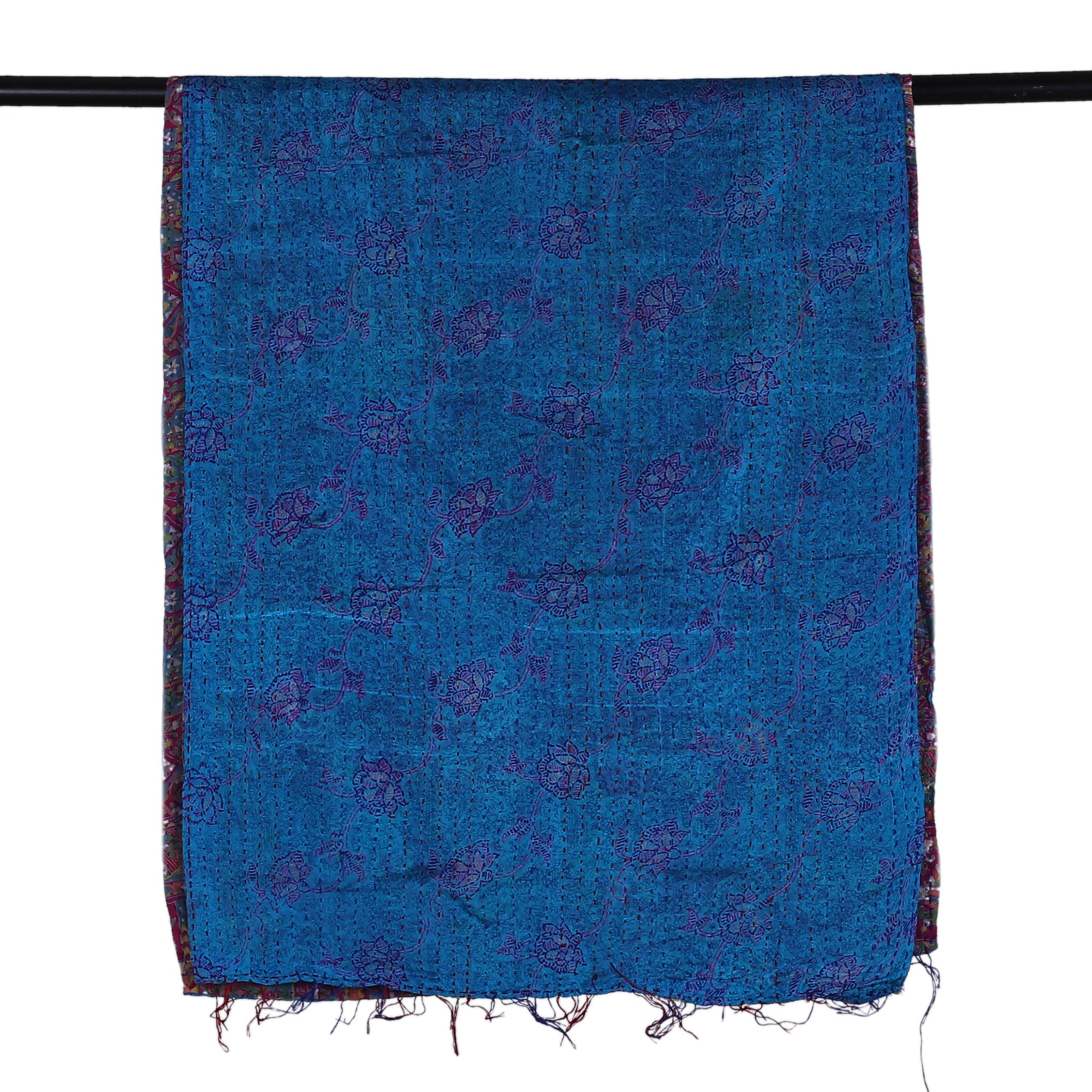 Kantha Embroidered Reversible Silk Scarf in Purple and Blue - Spell of Beauty