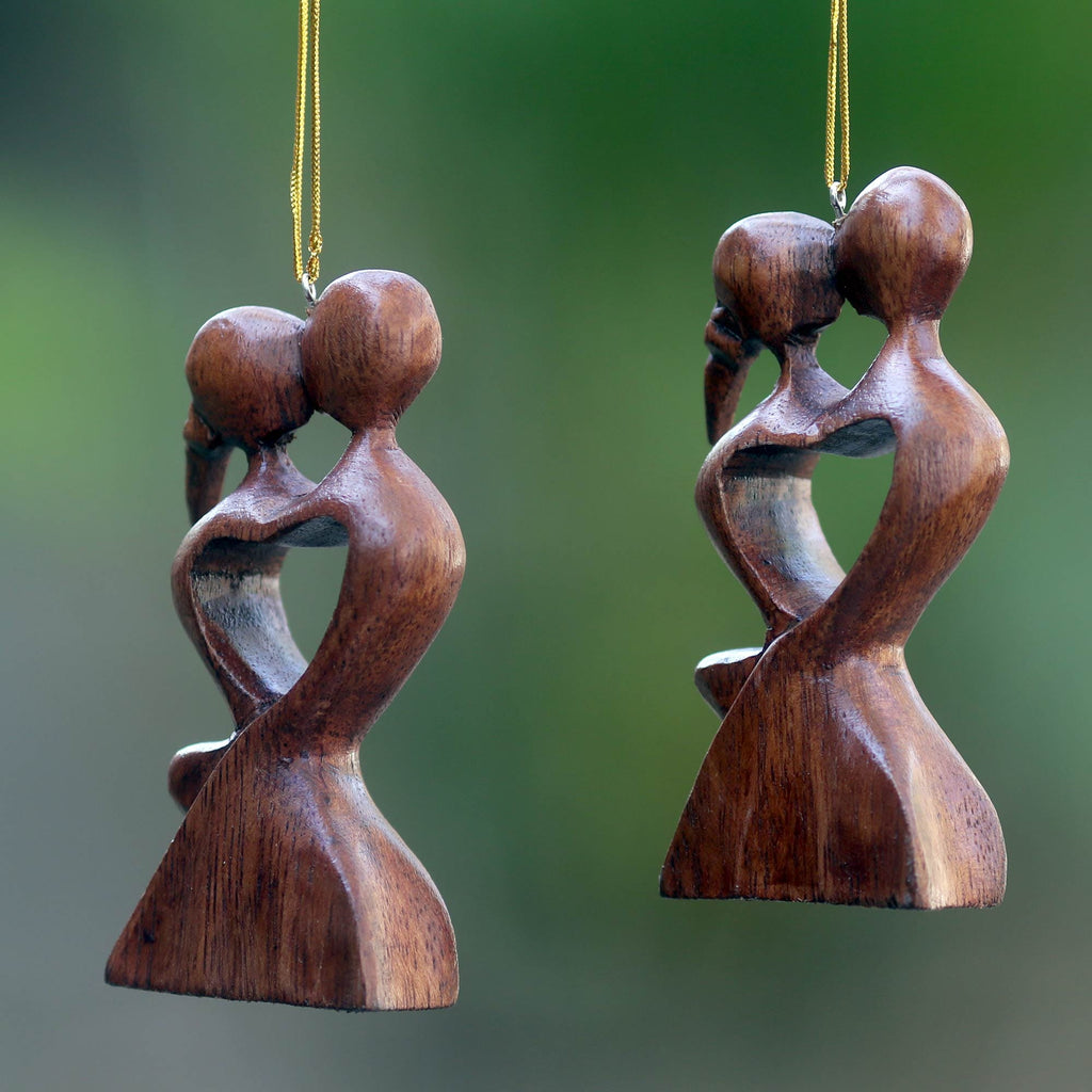 Heart Shaped Hand Carved Wood Romantic Ornament Pair - Kissing Heart