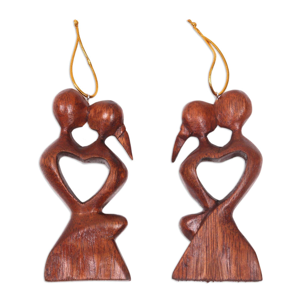 Heart Shaped Hand Carved Wood Romantic Ornament Pair - Kissing Heart