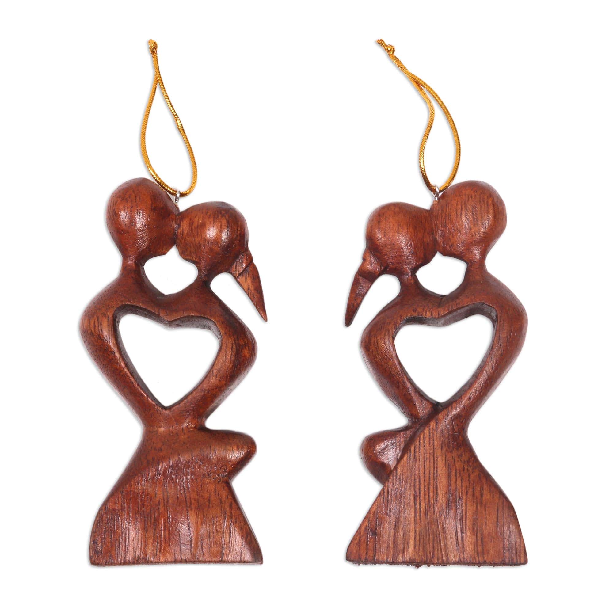 Heart Shaped Hand Carved Wood Romantic Ornament Pair - Kissing Heart