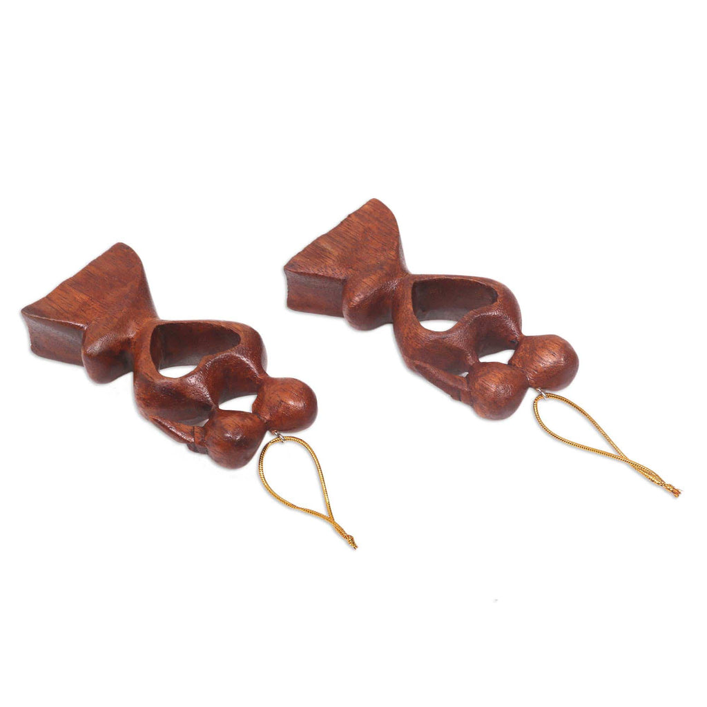 Heart Shaped Hand Carved Wood Romantic Ornament Pair - Kissing Heart