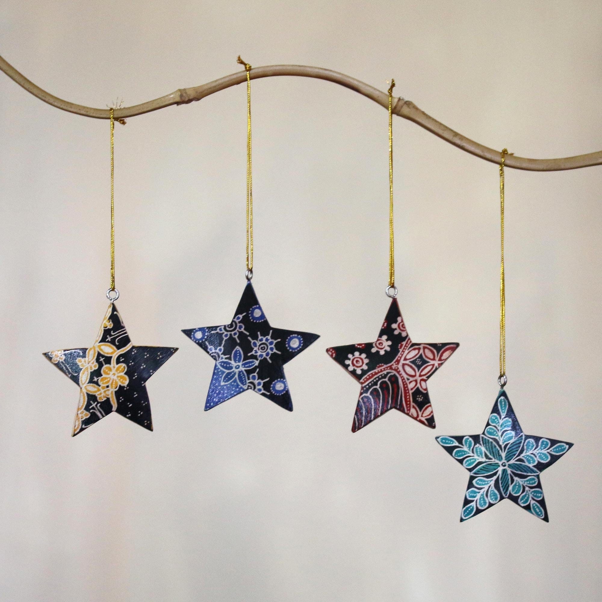 Four Batik Wood Star Ornaments by Artisans - Bali Stars