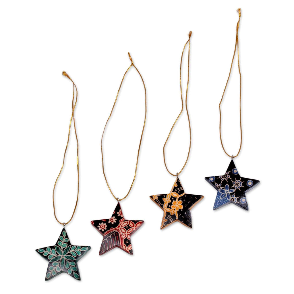 Four Batik Wood Star Ornaments by Artisans - Bali Stars