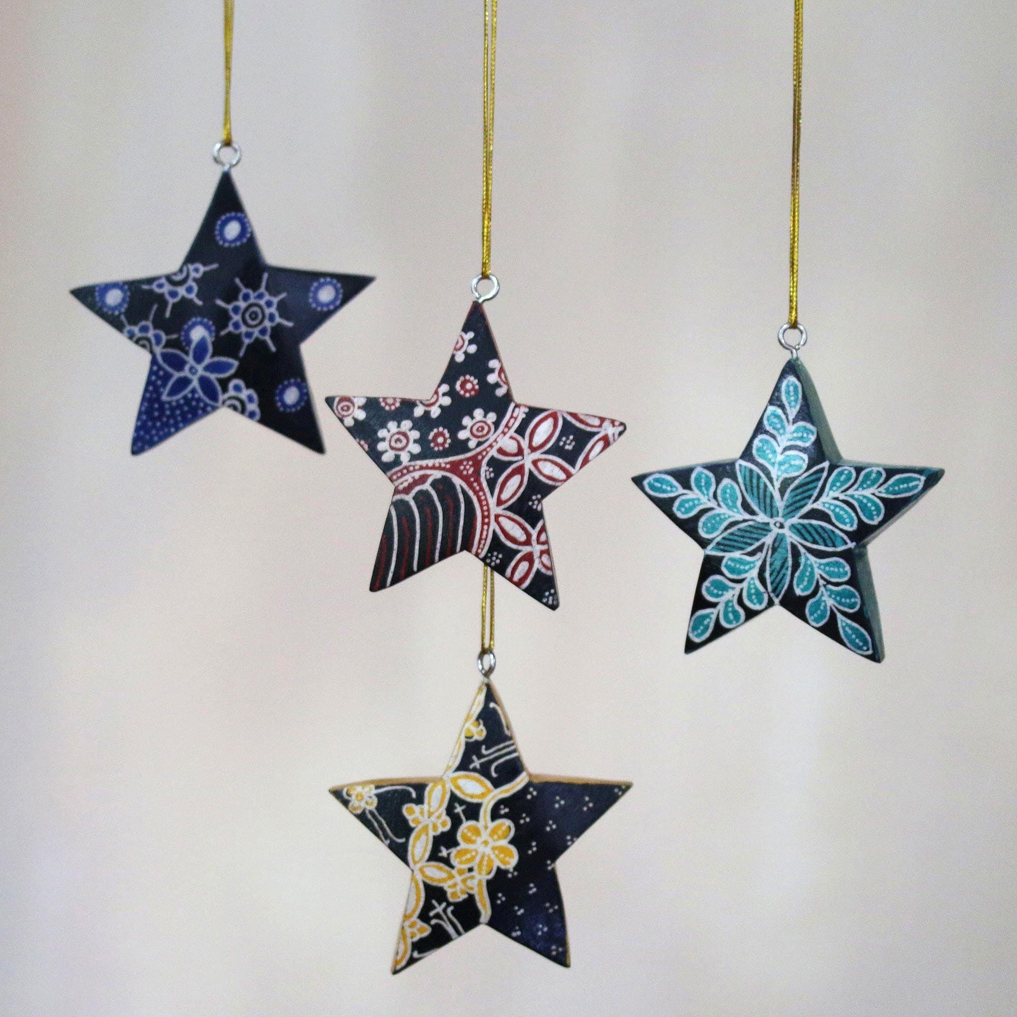 Four Batik Wood Star Ornaments by Artisans - Bali Stars
