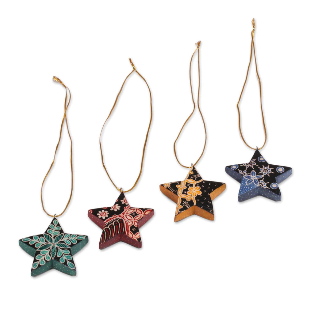 Four Batik Wood Star Ornaments by Artisans - Bali Stars
