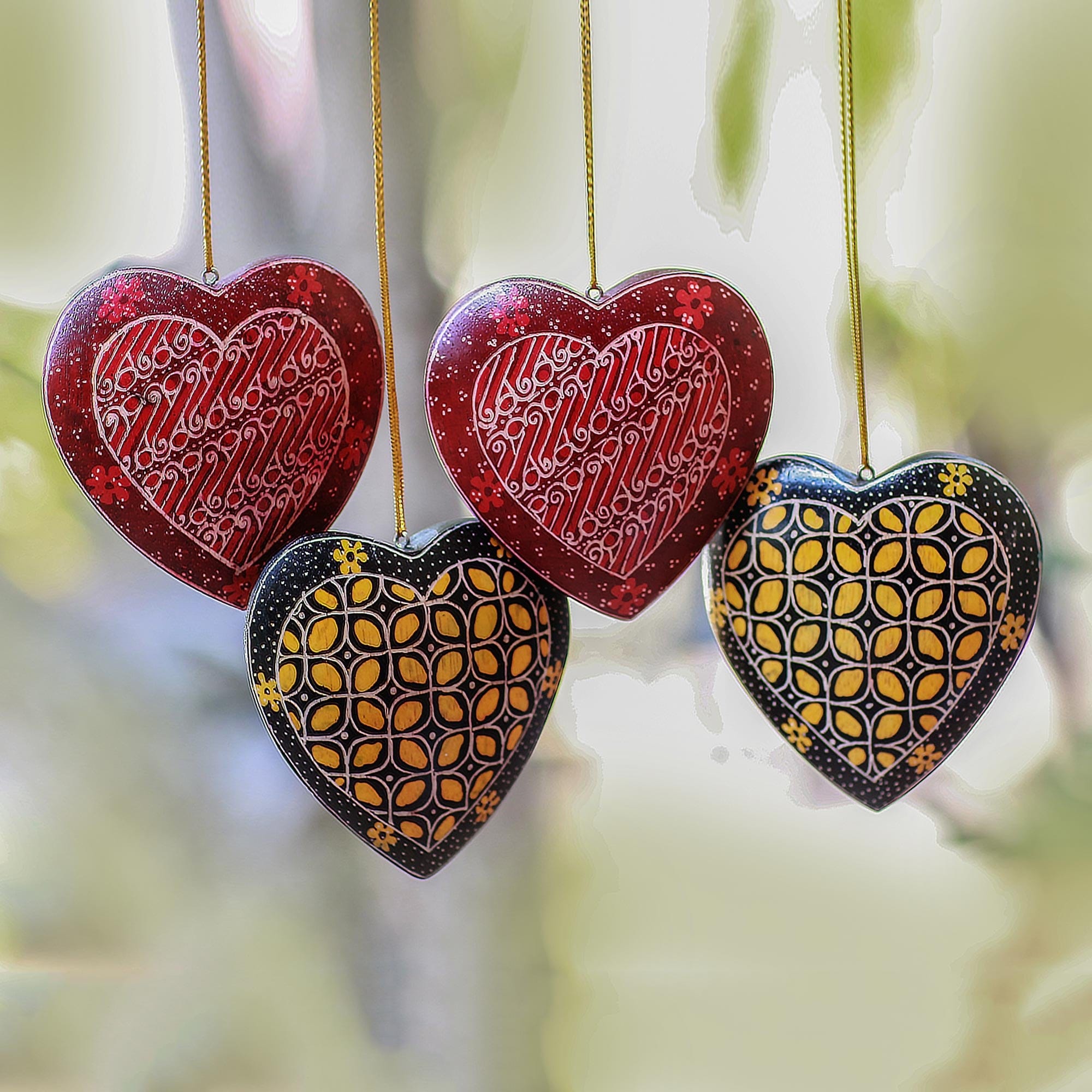 Traditional Batik Wood Heart Ornaments (Set of 4) - Traditional Hearts