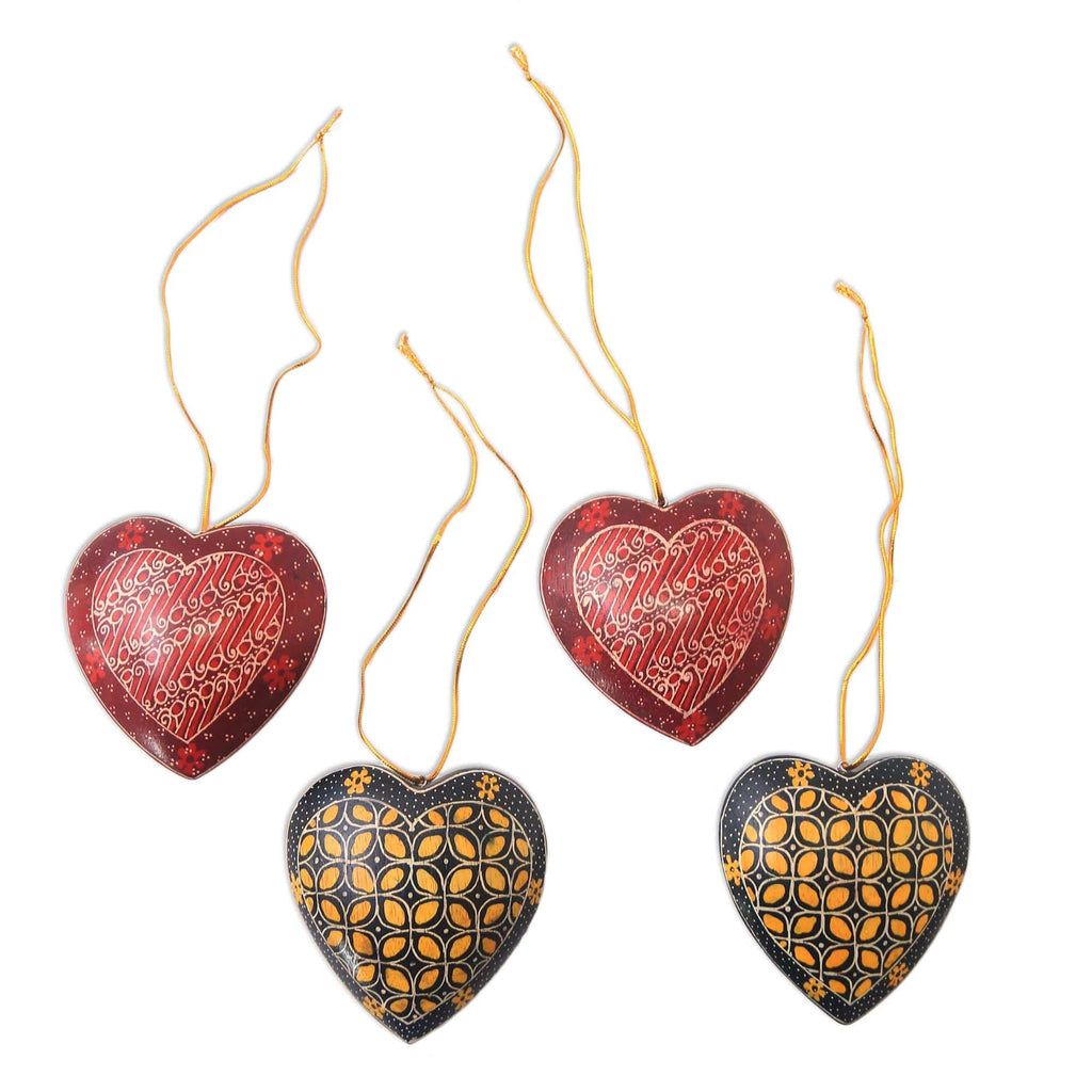 Traditional Batik Wood Heart Ornaments (Set of 4) - Traditional Hearts