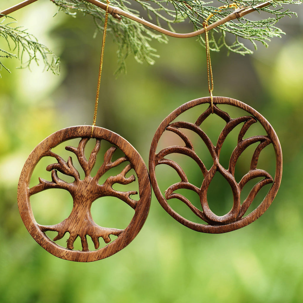 Pair of Hand-Carved Lotus Flower and Tree Wood Ornaments - Flower and Tree