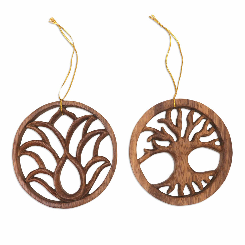 Pair of Hand-Carved Lotus Flower and Tree Wood Ornaments - Flower and Tree