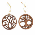 Pair of Hand-Carved Lotus Flower and Tree Wood Ornaments - Flower and Tree